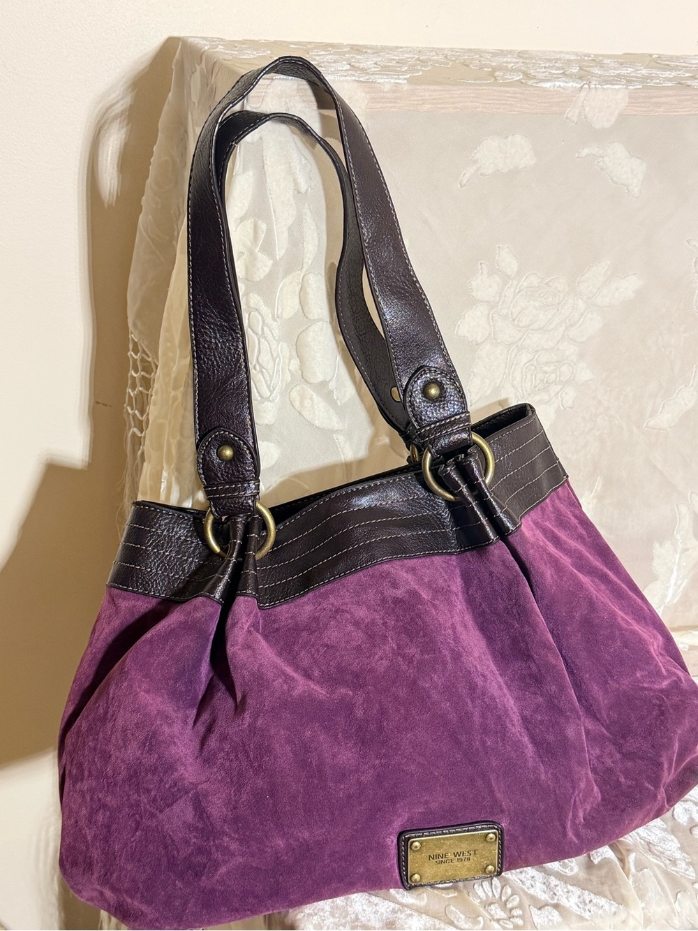 Vintage Nine West Purple Suede Shoulder Bag Y2K Boho Slouchy Tote Plum